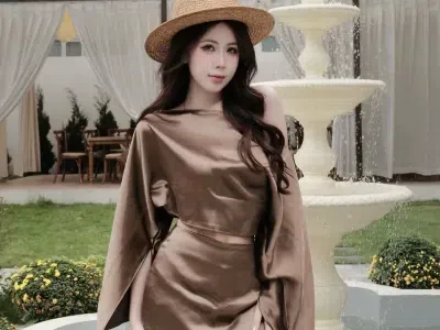 Set lụa lệch vai nâu