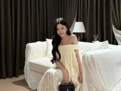 Váy voan tơ trễ vai màu be